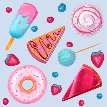 Summer, sweet food, Ice cream, donut. vector set Stock Illustration