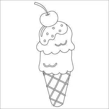 Summer sweets themed coloring page for kids with ice cream with bherry in con Stock Illustration