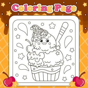 Summer sweets themed coloring page for kids with kawaii animal character ch.. Stock Illustration