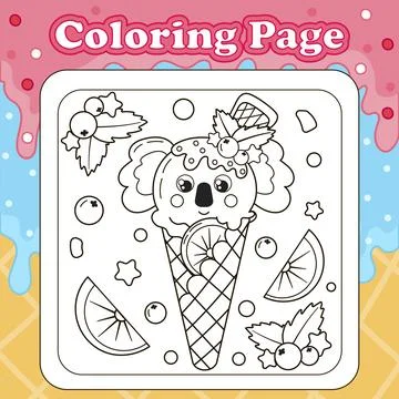 Summer sweets themed coloring page for kids with kawaii animal character ko.. Stock Illustration