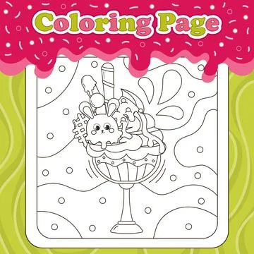 Summer sweets themed coloring page for kids with kawaii animal character bu.. Stock Illustration