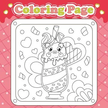 Summer sweets themed coloring page for kids with kawaii animal character pi.. Stock Illustration