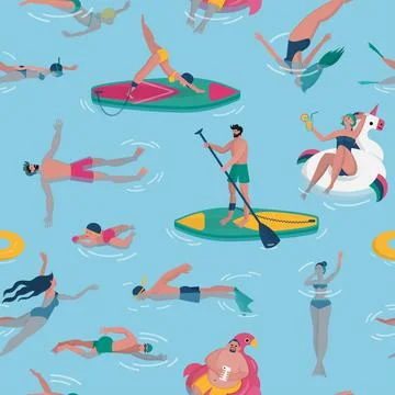 Summer swim pattern, float people. Swimmer characters isolated on blue backgr Stock Illustration