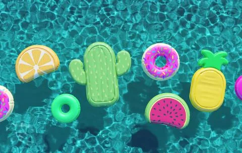 Summer swimming pool full of fun pool floats. Overhead view. 3D Rendering Illustrazione stock