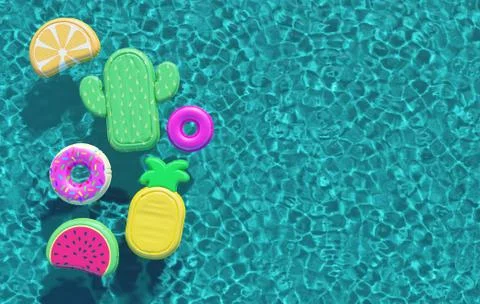 Summer swimming pool full of fun pool floats. Overhead view. 3D Rendering Illustrazione stock