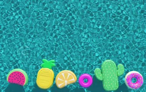Summer swimming pool full of fun pool floats. Overhead view. 3D Rendering Illustrazione stock