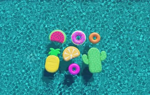 Summer swimming pool full of fun pool floats. Overhead view. 3D Rendering Illustrazione stock