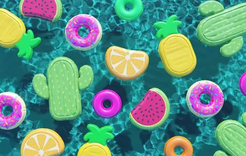 Summer swimming pool full of fun pool floats. Overhead view. 3D Rendering 스톡 일러스트