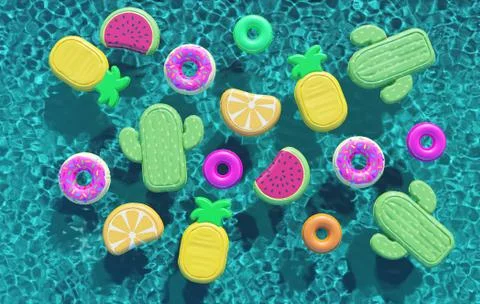 Summer swimming pool full of fun pool floats. Overhead view. 3D Rendering 스톡 일러스트