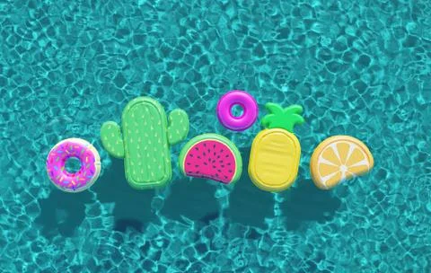 Summer swimming pool full of fun pool floats. Overhead view. 3D Rendering Stock Illustration
