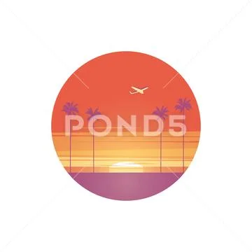 Summer symbol vector with airplane flying above beach with palm trees in sunset. Stock Illustration