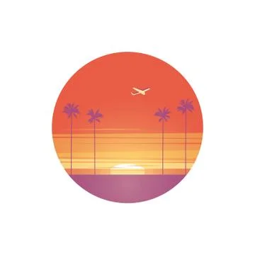 Summer symbol vector with airplane flying above beach with palm trees in sunset. Stock Illustration