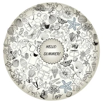 Summer symbols and objects, drawing by hand vector. Stock Illustration