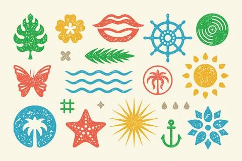 Summer symbols and objects set vector illustration. Joyful lips smile with br Stock Illustration