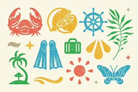 Summer symbols and objects set vector illustration. Cut lemon wedges and br.. Stock Illustration