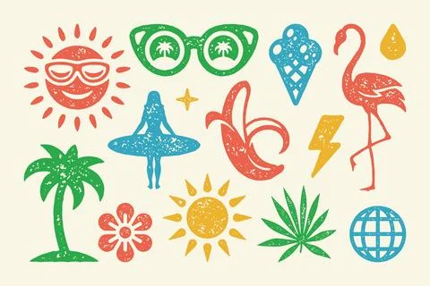 Summer symbols and objects set vector illustration. Flamingo with cone refr.. Stock Illustration