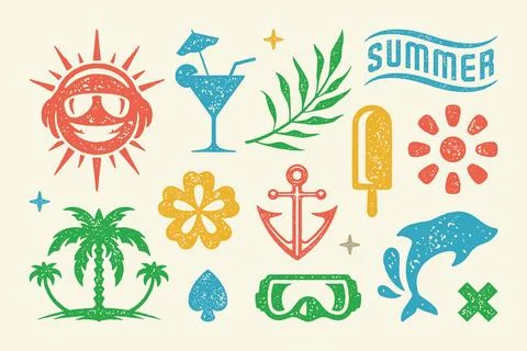 Summer symbols and objects set vector illustration. Triple palm tree on isl.. Stock-Illustration