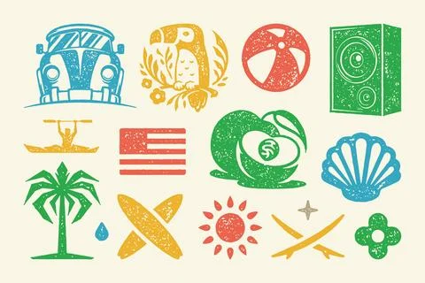 Summer symbols and objects set vector illustration. Vintage music speaker w.. Stock-Illustration