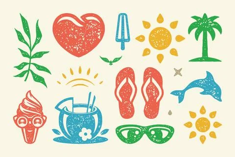 Summer symbols and objects set vector illustration. Glamorous slippers with.. Stock-Illustration