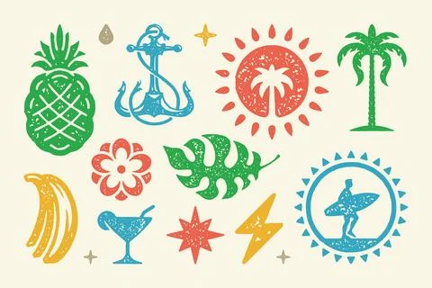 Summer symbols and objects set vector illustration. Ripe pineapple with summe Stock-Illustration