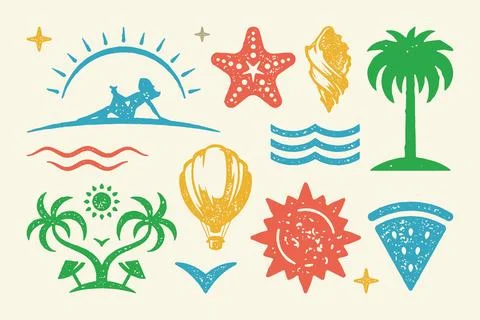 Summer symbols and objects set vector illustration. Island with double palm t Stock-Illustration