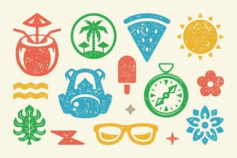 Summer symbols and objects set vector illustration. Tropical island with palm Stock Illustration