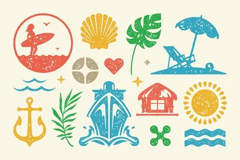 Summer symbols and objects set vector illustration. Tropical sunbed under umb Stock-Illustration