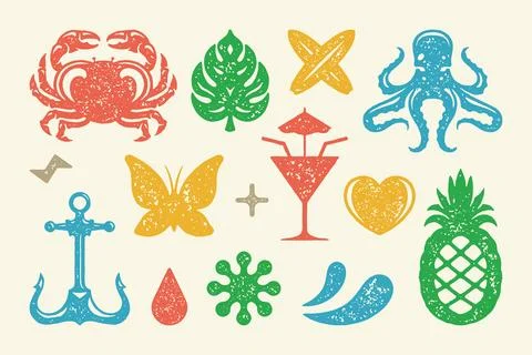 Summer symbols and objects set vector illustration. Cocktail with umbrella .. Stock Illustration