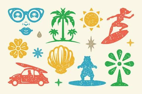 Summer symbols and objects set vector illustration. Bear on board and surfe.. Stock-Illustration