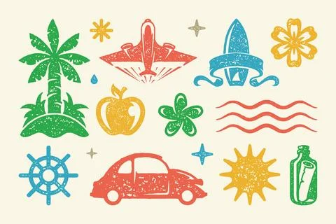 Summer symbols and objects set vector illustration. Passenger car with ships  Stock-Illustration