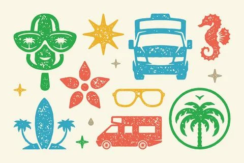 Summer symbols and objects set vector illustration. Seahorse with tropical is Stock-Illustration