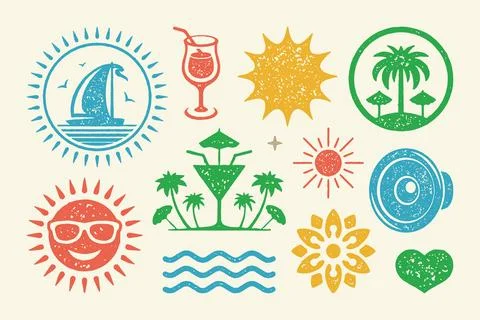 Summer symbols and objects set vector illustration. Tropical island with palm Stock-Illustration