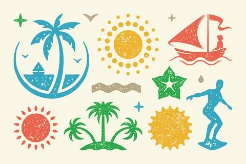 Summer symbols and objects set vector illustration. Bright sun and female sil Stock-Illustration