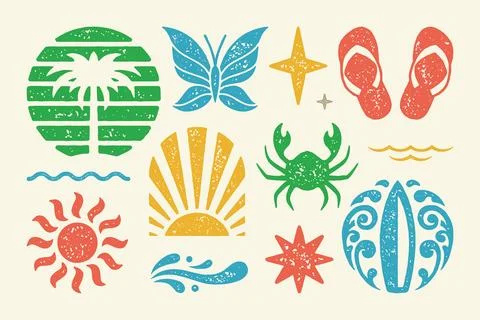 Summer symbols and objects set vector illustration. Summer sandals with sea.. Stock Illustration