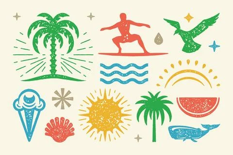 Summer symbols and objects set vector illustration. Cold ice cream cone wit.. Stock Illustration