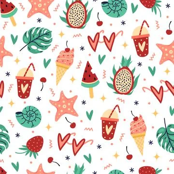Summer symbols seamless vector pattern. Seasonal beach food and accessories Stock Illustration