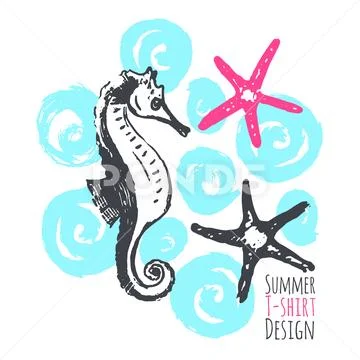 Summer T-shirt Design with Starfishes and Seahorse Stock Illustration