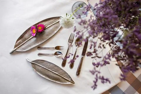 Summer table setting. Decorative plate in the form of a leaf, knife and fork  Stock Photos
