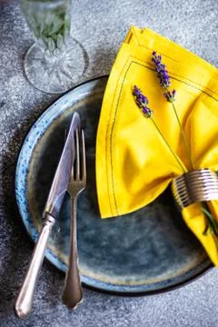 Summer table setting with lavender flowers Stock Photos