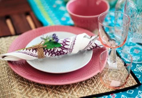 Summer table setting for lunch, close up photo Stock Photos