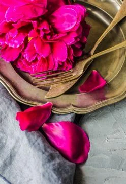 Summer table setting with peonies Stock Photos