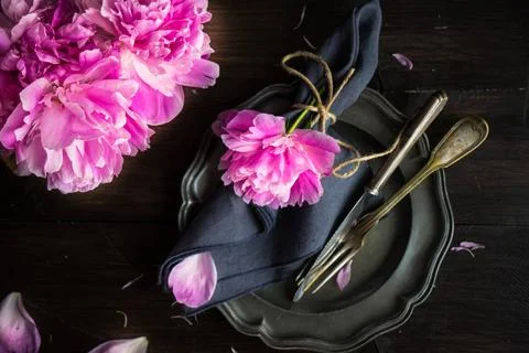  Summer table setting with peony Summer table setting with pink peony flow... Stock Photos