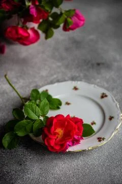 Summer table setting with red roses Stock Photos
