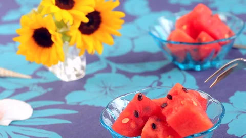 A Summer Table with Watermelons and Sunflowers Stock Footage 332500694
