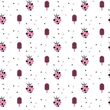 Summer tasty pink pattern with ice cream and raspberries Stockillustratie