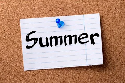Summer - teared note paper pinned on bulletin board Stock Photos