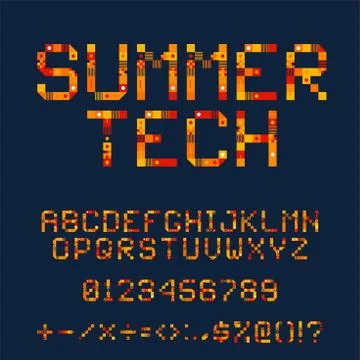 Summer Tech Pixel Font. Vector Pixel Art Alphabet. Hot orange Letters Consist Illustrazione stock