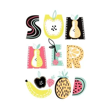 Summer text with cute hand drawn summer fruit. Banana, apple, watermelon,pi.. Stock Illustration