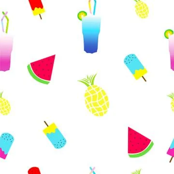 Summer texture with ice cream, watermelon, pineapple and cocktail Stock Illustration