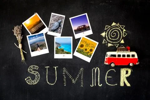 Summer theme blackboard with retro frames with photographers selected summer Stock Photos